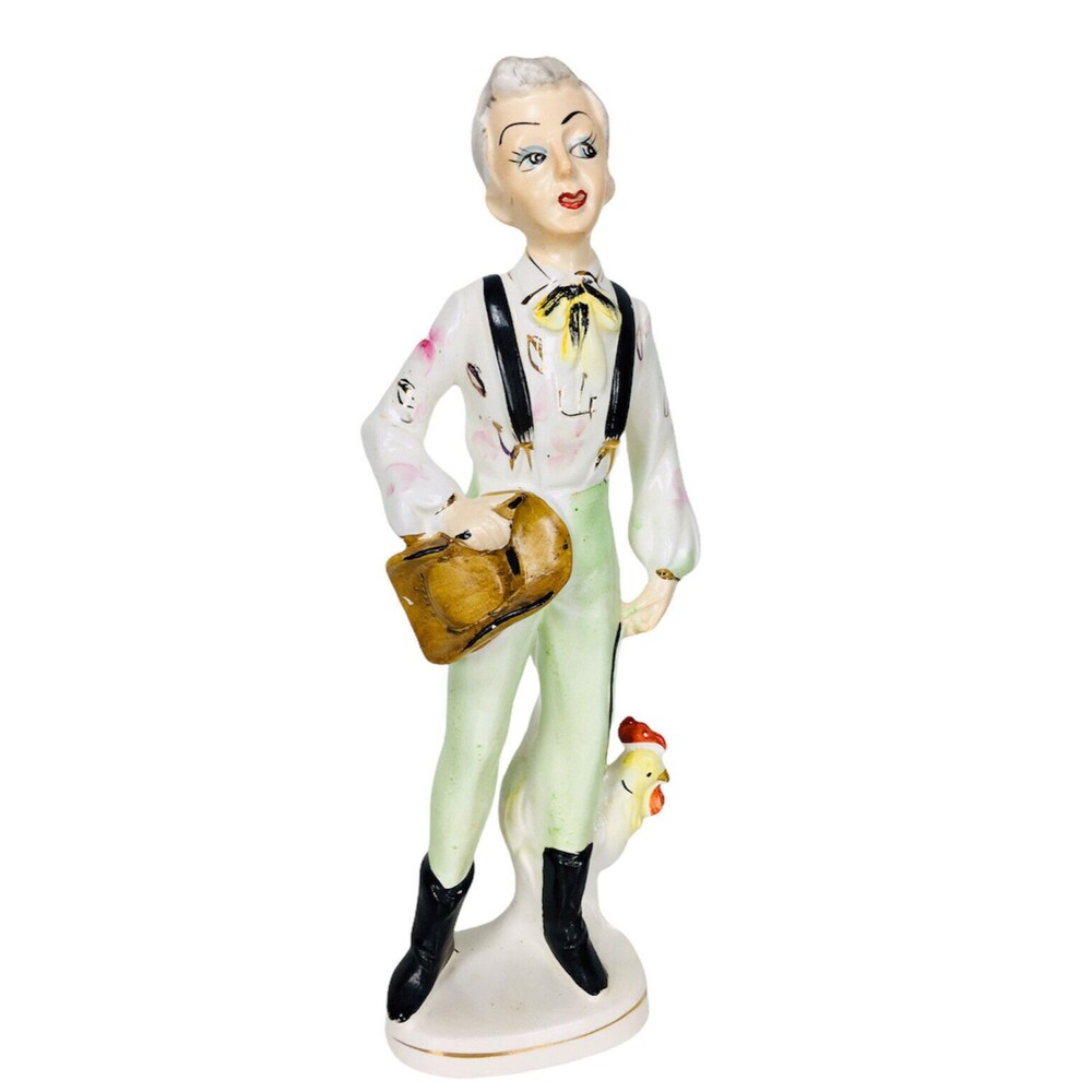 Vintage 50s 60s Western Cowgirl & Rooster Farmhouse Ceramic Figurine Japan